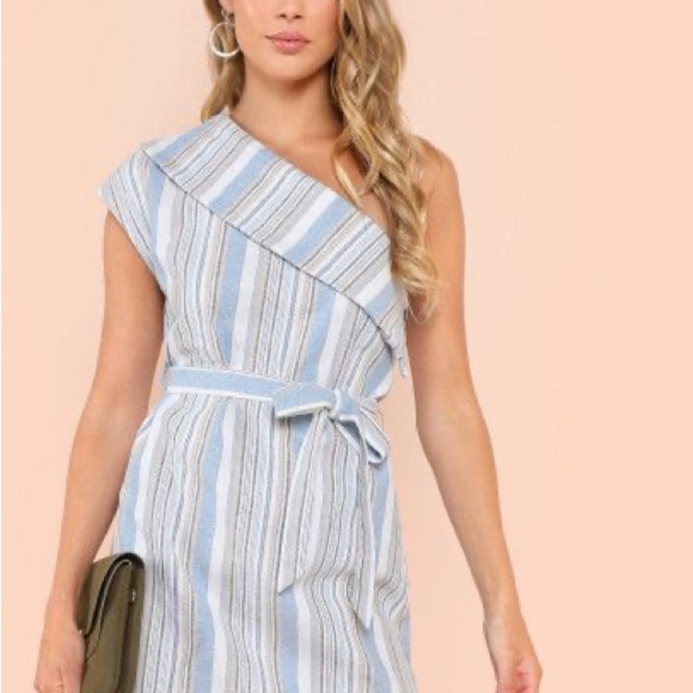 SHEIN Blue and White One-Shoulder Dress